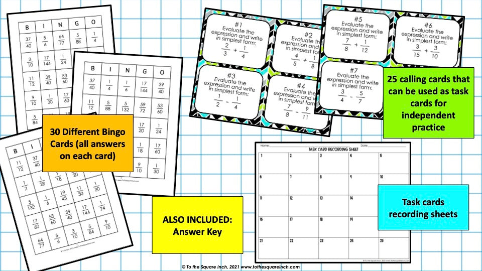 Adding and Subtracting Fractions Bingo Game
