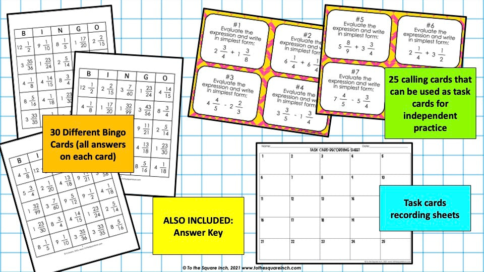 Adding and Subtracting Mixed Numbers Bingo Game