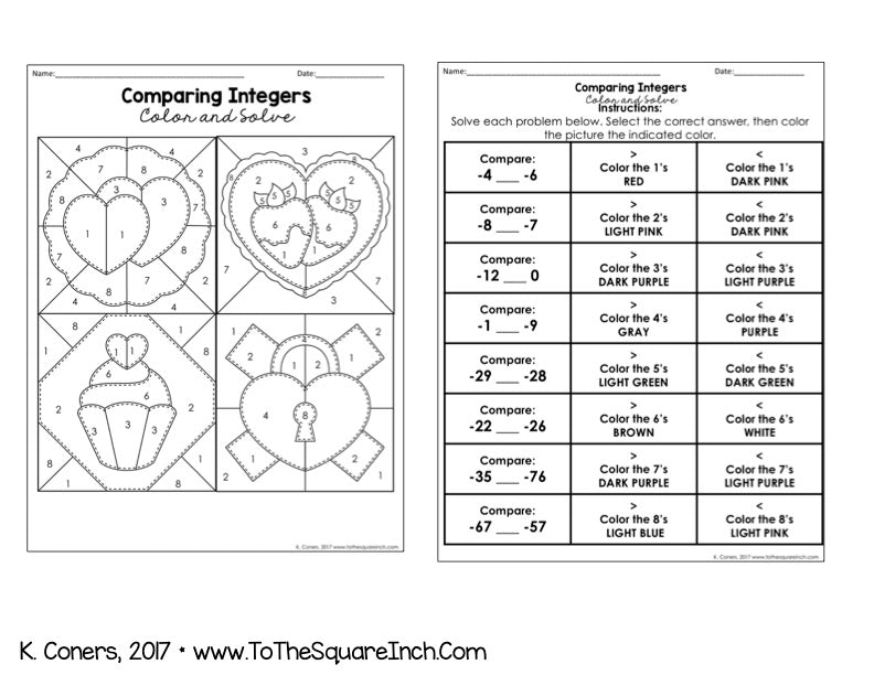 Comparing Integers Color and Solve