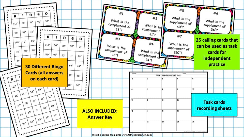Complementary and Supplementary Bingo Game and Task Cards