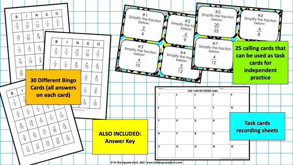 Simplifying Fractions Bingo Game