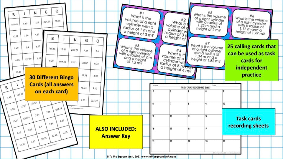 Volume of Cylinders Bingo Game