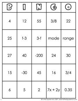 6th Grade Math Review Bingo