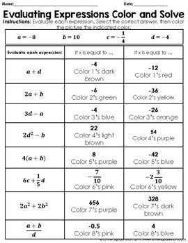 Evaluating Expressions Christmas Color and Solve