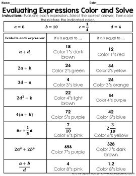 Evaluating Expressions Christmas Color and Solve