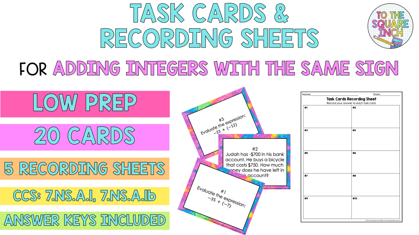 Adding Integers with the Same Sign Task Cards