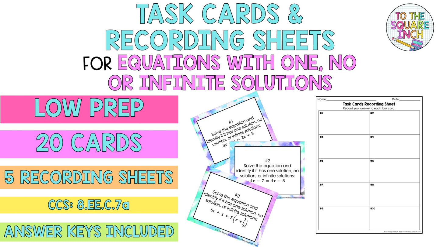 Equations with One, No or Infinite Solutions Task Cards