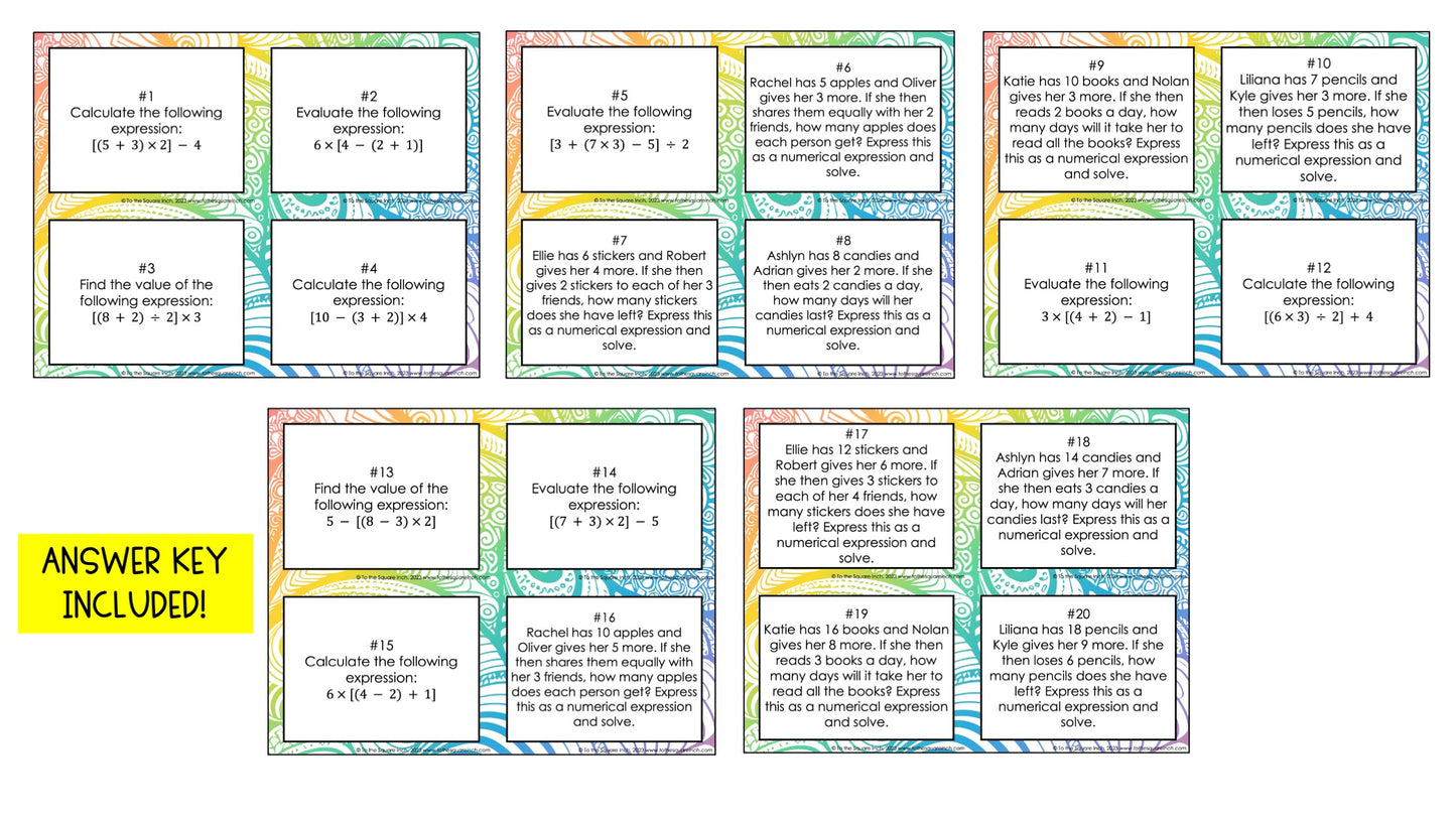 Evaluating Numerical Expressions Task Cards