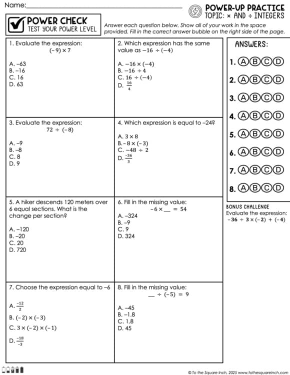 Multiplying and Dividing Integers Practice Worksheets