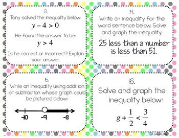 Solving Inequalities Using Addition or Subtraction Task Cards