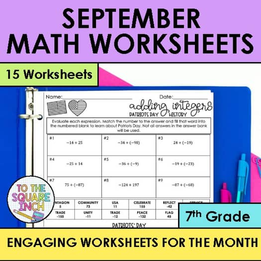 September 7th Grade Math Holiday Math Worksheets