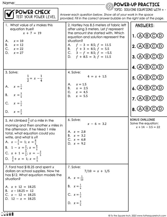 Solving Equations (Positives only) Practice Worksheets