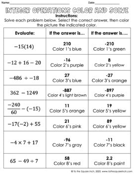 Integer Operations Halloween Math Color and Solve