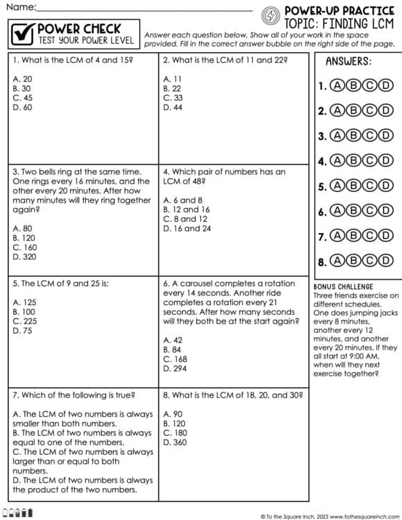 LCM Least Common Multiple Practice Worksheets