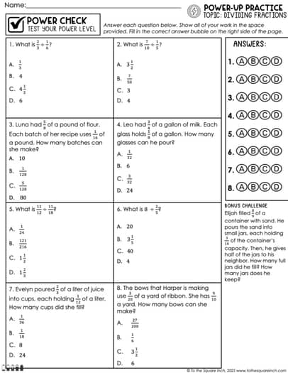 Dividing Fractions Practice Worksheets