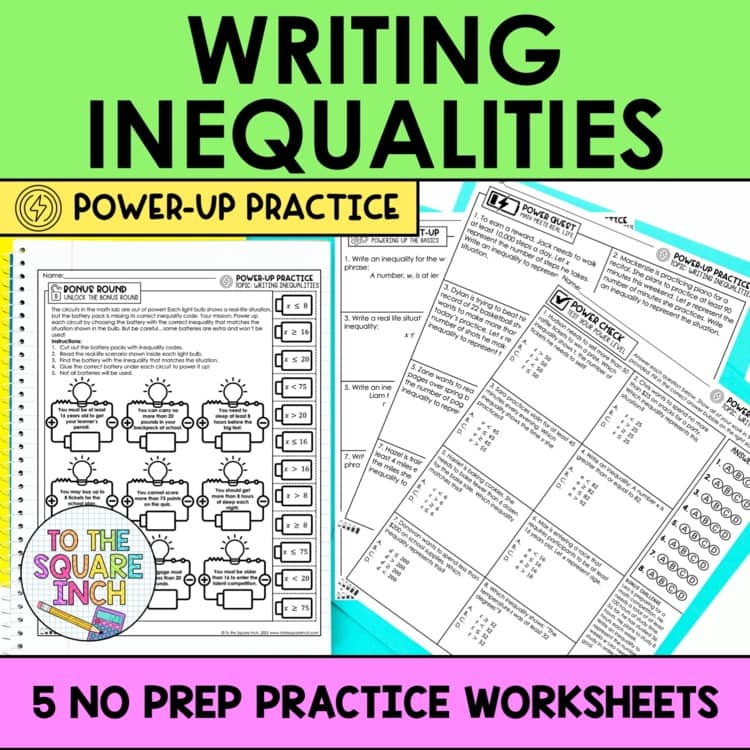 Writing Inequalities Real-World Scenarios, Word Problems Practice Worksheets