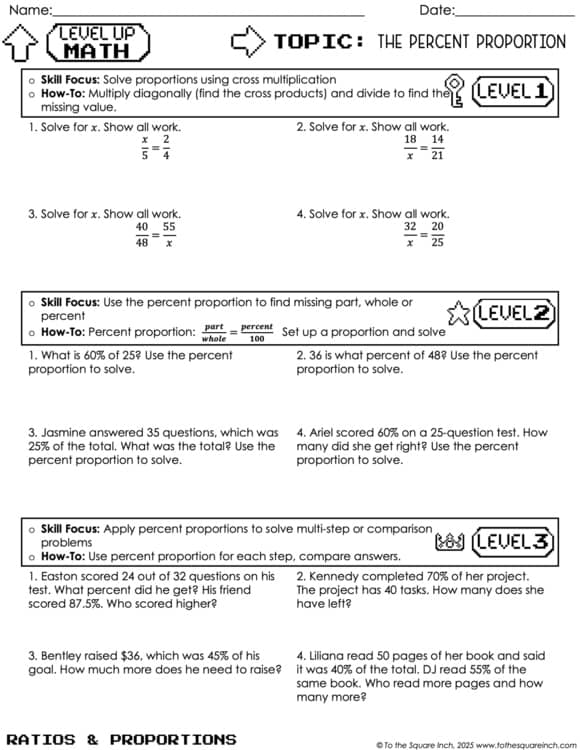 7th Grade Level Up Math Practice | Differentiated 3-Level Worksheets all topics