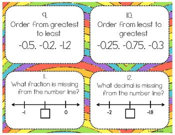 Comparing and Ordering Negative Fractions and Decimals Task Cards