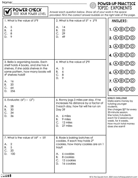 Exponents Practice Worksheets Positive Numbers Only