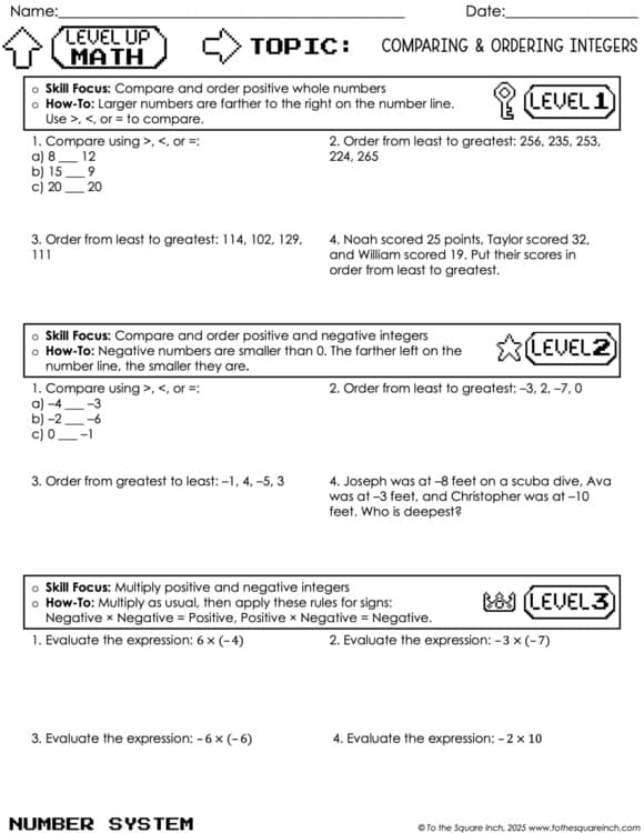 6th Grade Level Up Math Practice | Differentiated 3-Level Worksheets all topics