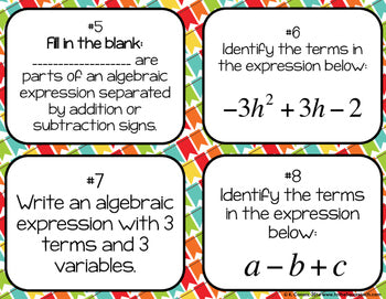 Algebraic Expressions Vocabulary Task Cards