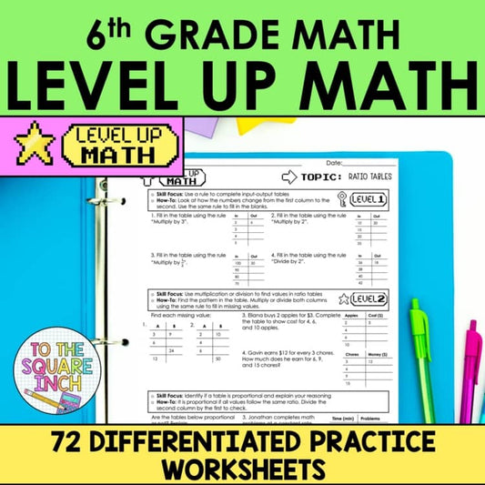 6th Grade Level Up Math Practice | Differentiated 3-Level Worksheets all topics
