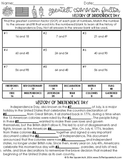July Holiday Math Worksheets - 6th Grade July 4th, National Ice Cream Day + More