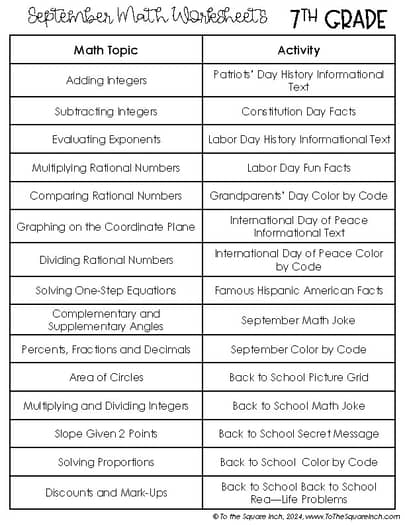 September 7th Grade Math Holiday Math Worksheets