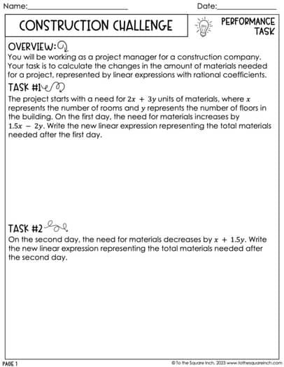 7th Grade Math Algebra Performance Tasks – To The Square Inch