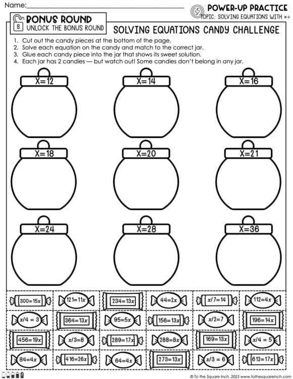 Solving Equations (Positives only) Practice Worksheets