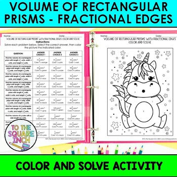 Volume of Rectangular Prisms with Fractional Edges Color & Solve Activity