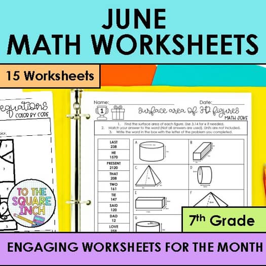 June Holiday Math Worksheets - 7th Grade Flag Day, Fathers Day, Graduation +