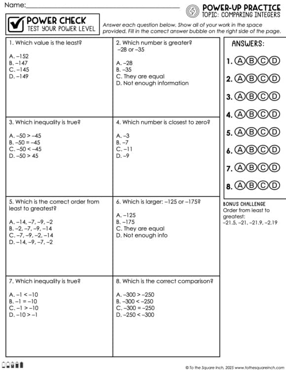 Comparing and Ordering Integers Practice Worksheets
