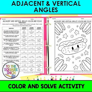 Adjacent and Vertical Angles Color & Solve Activity