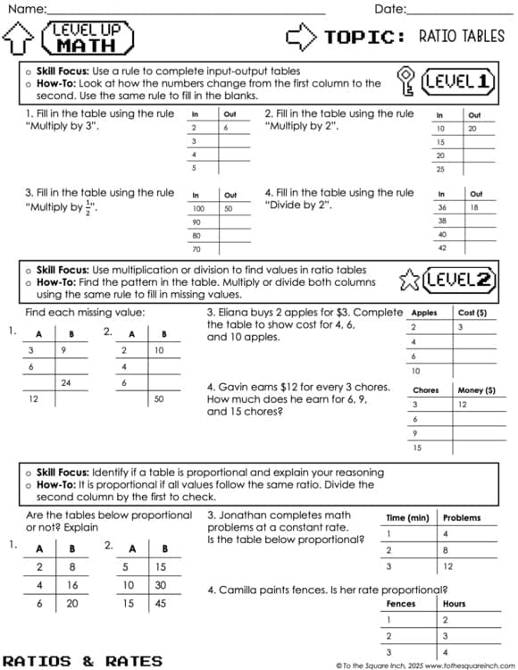 6th Grade Level Up Math Practice | Differentiated 3-Level Worksheets all topics