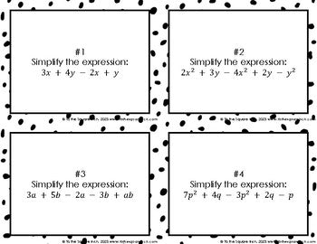 Algebraic Expressions and Combining Like Terms Task Cards
