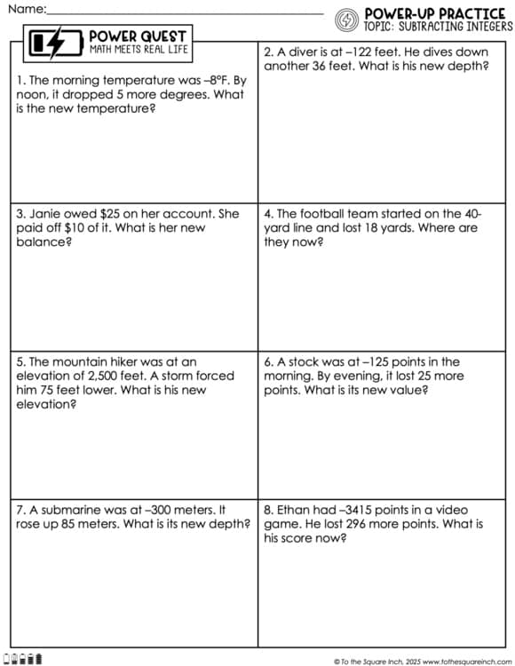 Subtracting Integers Practice Worksheets