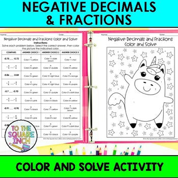 Negative Fractions and Decimals Color & Solve Activity