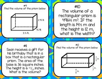 Finding Volume of Rectangular Prisms with Fractional Edges Task Cards
