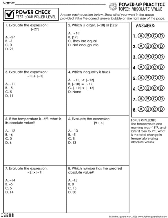 Absolute Value Practice Worksheets