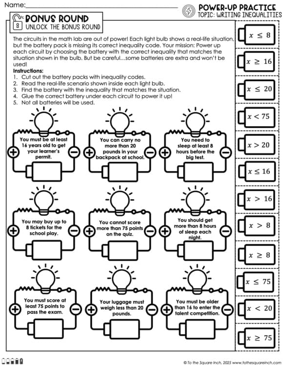 Writing Inequalities Real-World Scenarios, Word Problems Practice Worksheets