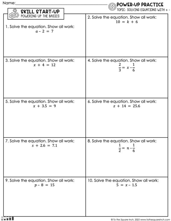 Solving Equations (Positives only) Practice Worksheets