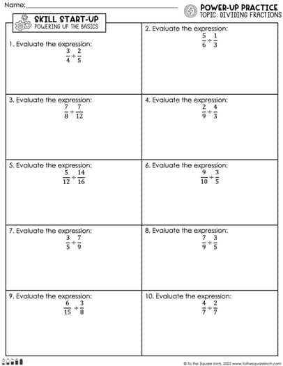 Dividing Fractions Practice Worksheets