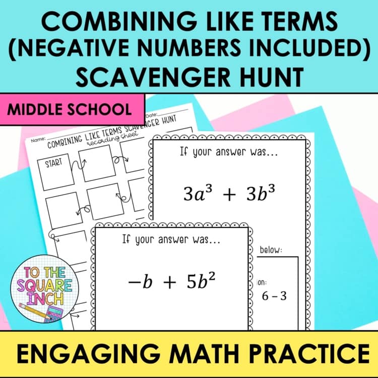 Combining Like Terms Scavenger Hunt Interactive Math Practice Negative Included