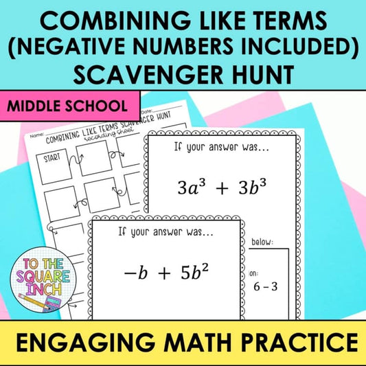 Combining Like Terms Scavenger Hunt Interactive Math Practice Negative Included