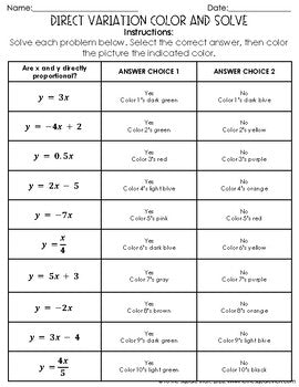 Direct Variation Color & Solve Activity – To The Square Inch