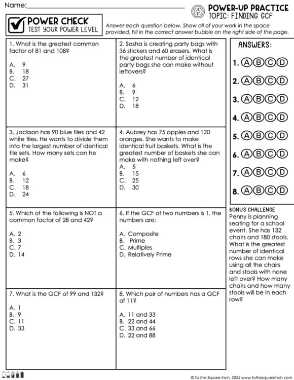 GCF Greatest Common Factor Practice Worksheets