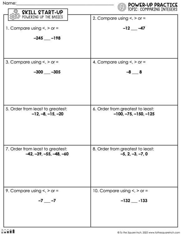 Comparing and Ordering Integers Practice Worksheets