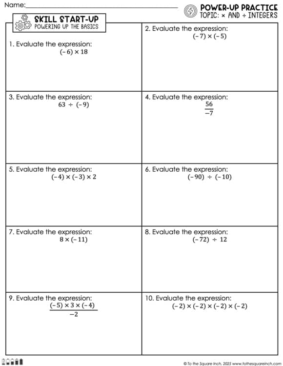 Multiplying and Dividing Integers Practice Worksheets