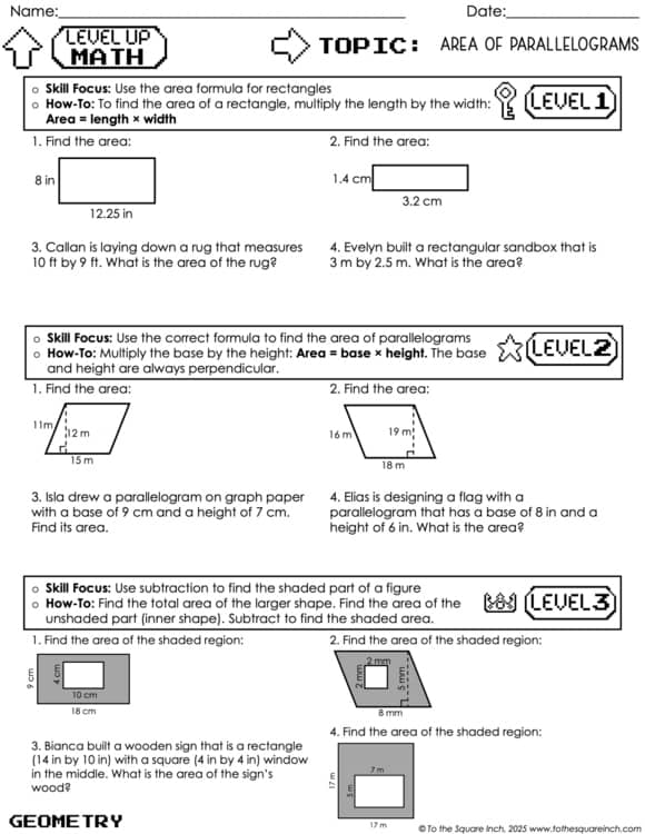 6th Grade Level Up Math Practice | Differentiated 3-Level Worksheets all topics